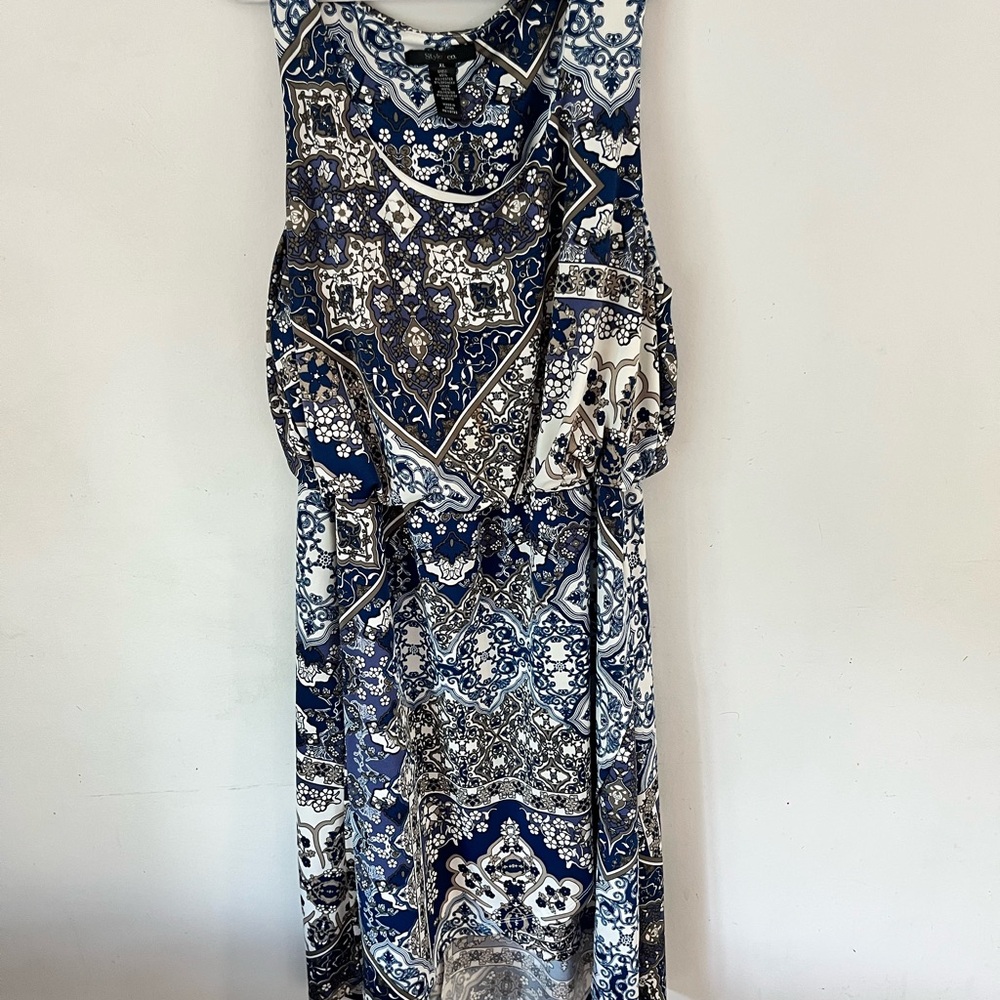 Style & Co Sleeveless Paisley Blue Gray High Low Cinched Waist Stretch Xl Dress